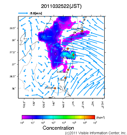 地表付近 大気中濃度分布[Bq/m3]　2011-03-25 22時