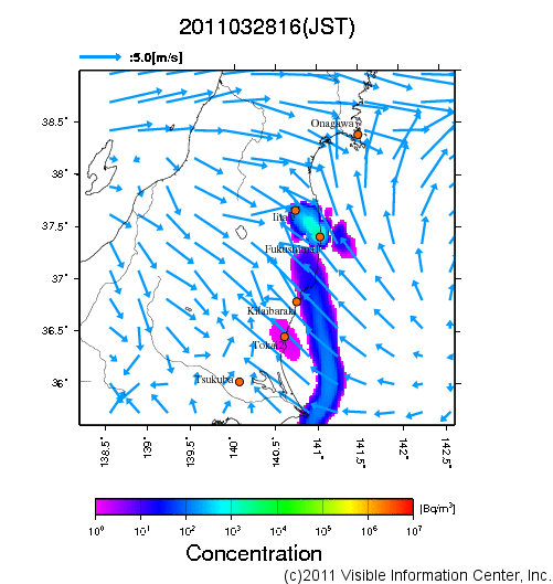 地表付近 大気中濃度分布[Bq/m3]　2011-03-28 16時