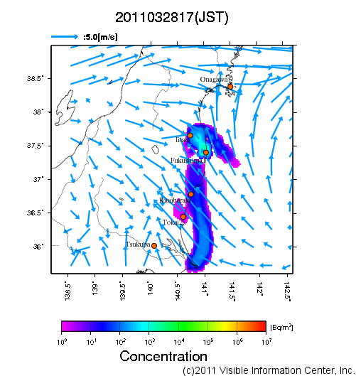 地表付近 大気中濃度分布[Bq/m3]　2011-03-28 17時