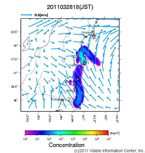 地表付近 大気中濃度分布[Bq/m3]　2011-03-28 18時