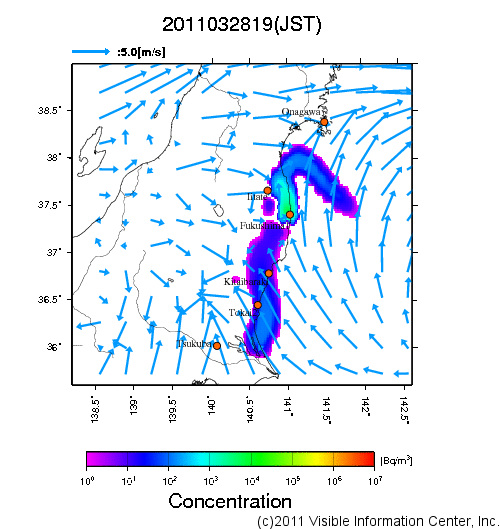 地表付近 大気中濃度分布[Bq/m3]　2011-03-28 19時
