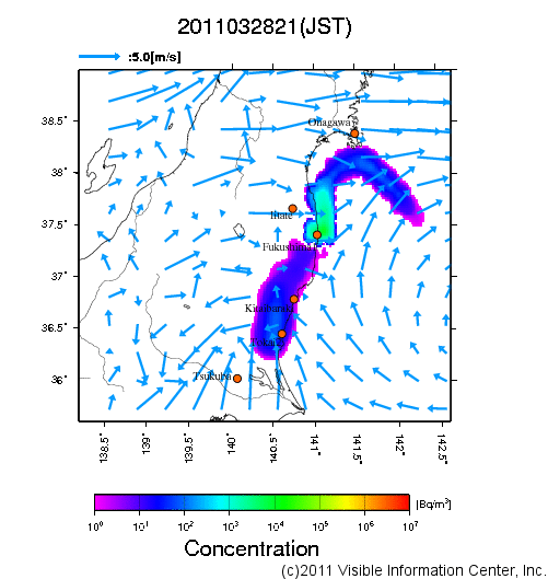 地表付近 大気中濃度分布[Bq/m3]　2011-03-28 21時