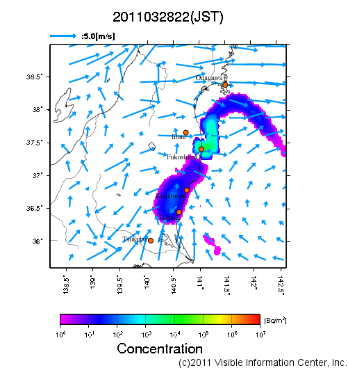 地表付近 大気中濃度分布[Bq/m3]　2011-03-28 22時