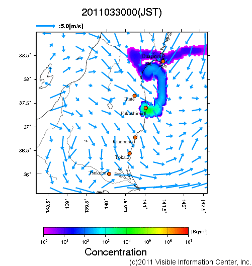 地表付近 大気中濃度分布[Bq/m3]　2011-03-30 00時