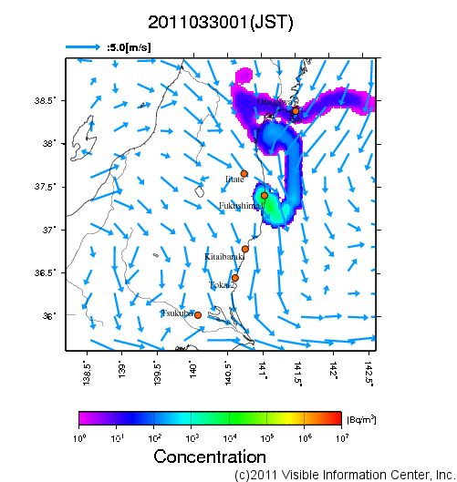 地表付近 大気中濃度分布[Bq/m3]　2011-03-30 01時