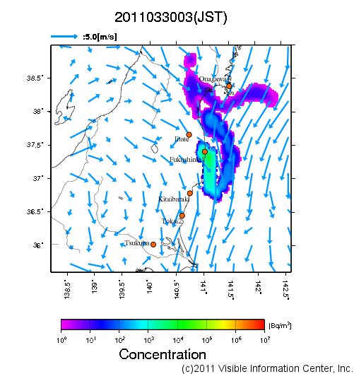 地表付近 大気中濃度分布[Bq/m3]　2011-03-30 03時