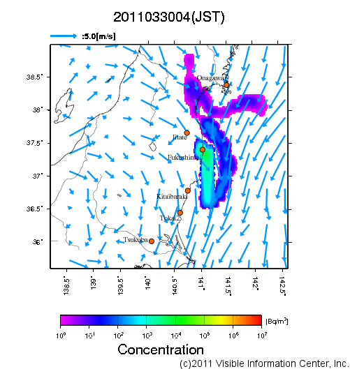 地表付近 大気中濃度分布[Bq/m3]　2011-03-30 04時