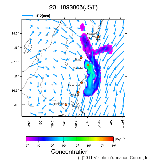 地表付近 大気中濃度分布[Bq/m3]　2011-03-30 05時