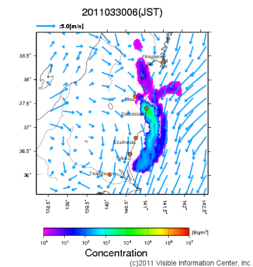 地表付近 大気中濃度分布[Bq/m3]　2011-03-30 06時