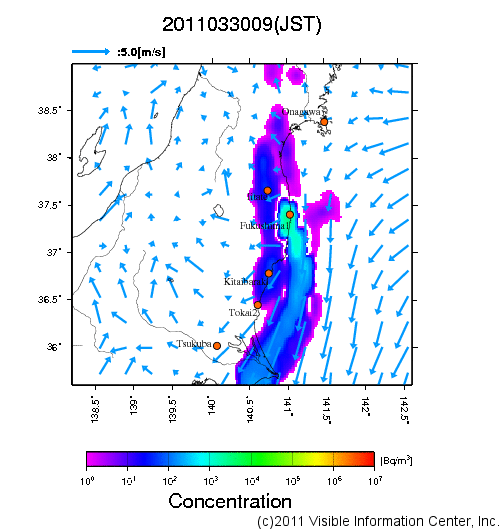 地表付近 大気中濃度分布[Bq/m3]　2011-03-30 09時