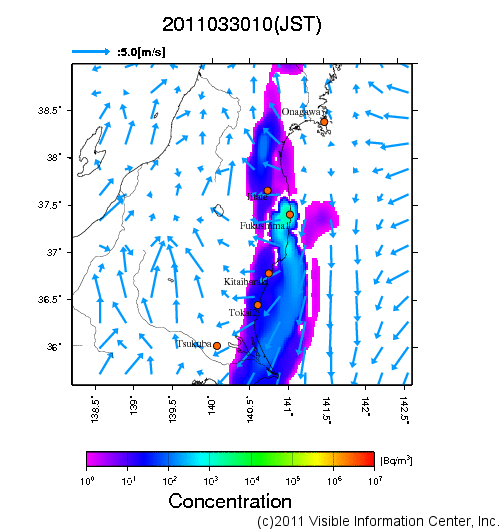 地表付近 大気中濃度分布[Bq/m3]　2011-03-30 10時