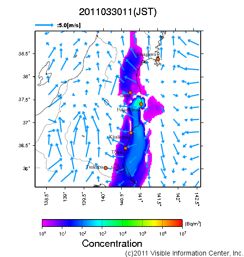 地表付近 大気中濃度分布[Bq/m3]　2011-03-30 11時