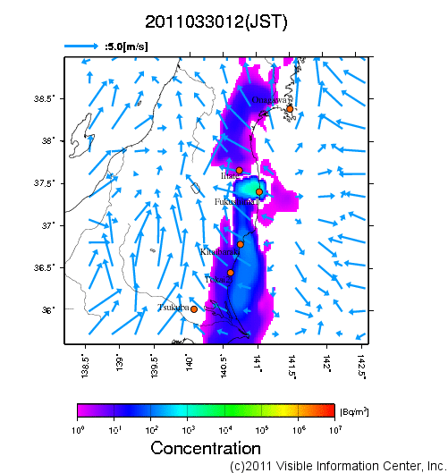 地表付近 大気中濃度分布[Bq/m3]　2011-03-30 12時