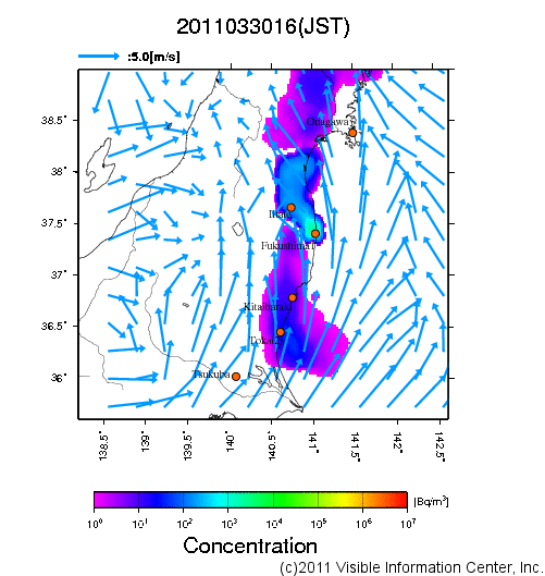 地表付近 大気中濃度分布[Bq/m3]　2011-03-30 16時