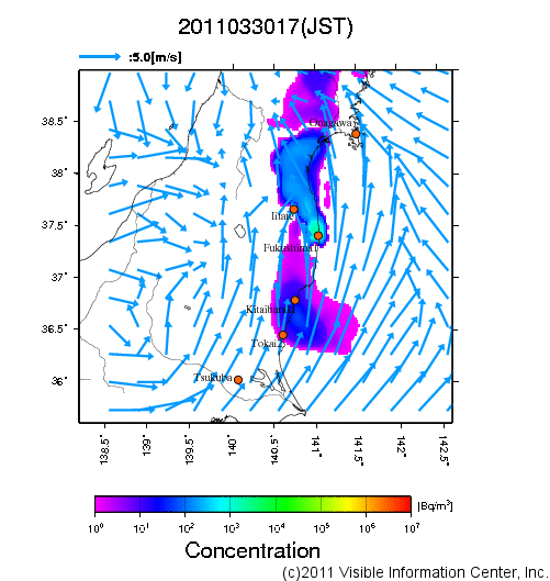 地表付近 大気中濃度分布[Bq/m3]　2011-03-30 17時