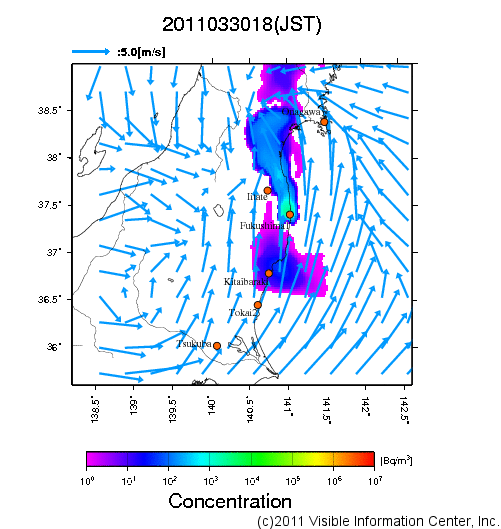 地表付近 大気中濃度分布[Bq/m3]　2011-03-30 18時