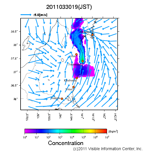 地表付近 大気中濃度分布[Bq/m3]　2011-03-30 19時