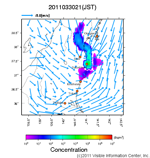 地表付近 大気中濃度分布[Bq/m3]　2011-03-30 21時