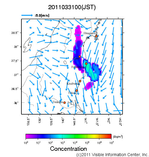 地表付近 大気中濃度分布[Bq/m3]　2011-03-31 00時
