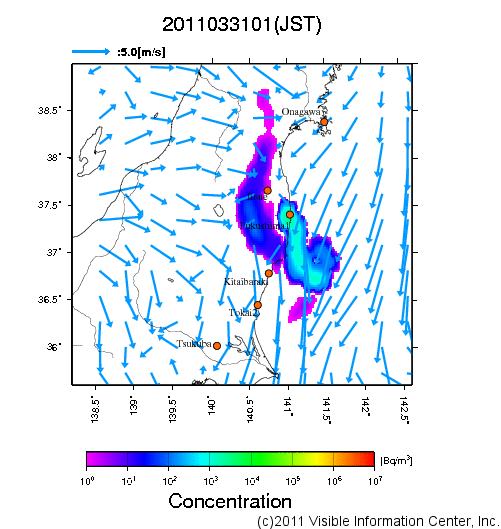 地表付近 大気中濃度分布[Bq/m3]　2011-03-31 01時