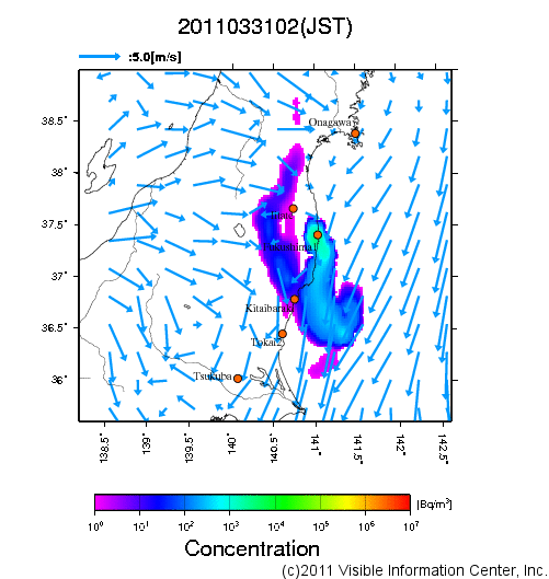 地表付近 大気中濃度分布[Bq/m3]　2011-03-31 02時