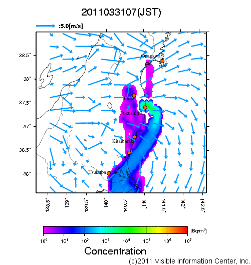 地表付近 大気中濃度分布[Bq/m3]　2011-03-31 07時