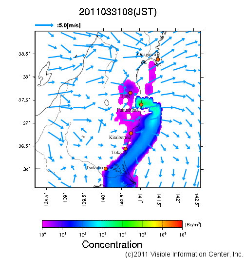 地表付近 大気中濃度分布[Bq/m3]　2011-03-31 08時