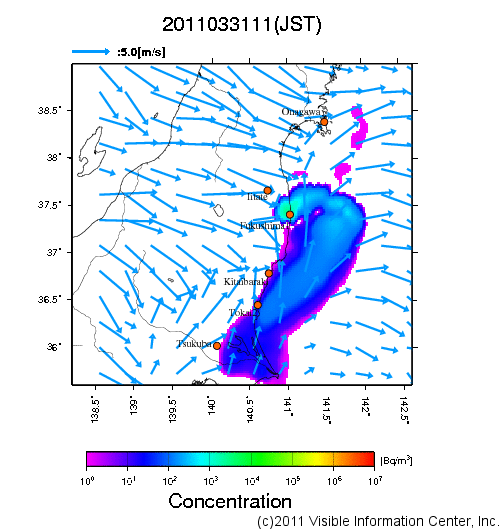 地表付近 大気中濃度分布[Bq/m3]　2011-03-31 11時