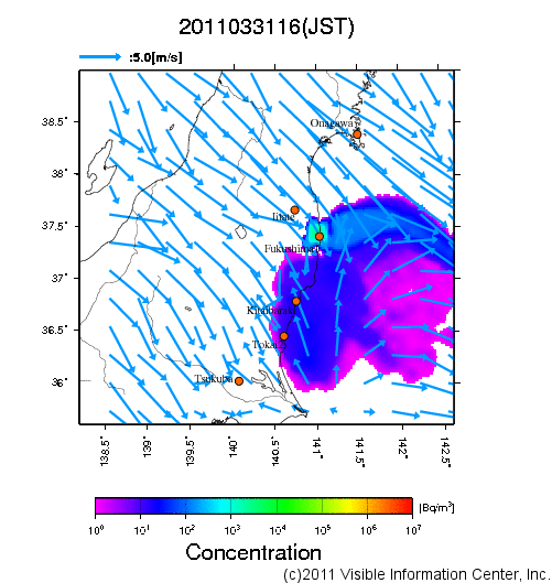 地表付近 大気中濃度分布[Bq/m3]　2011-03-31 16時