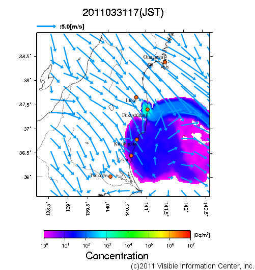 地表付近 大気中濃度分布[Bq/m3]　2011-03-31 17時