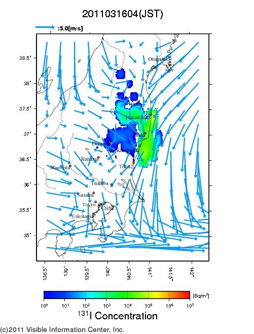 地表付近 大気中濃度分布[Bq/m3]　2011-03-16 04時