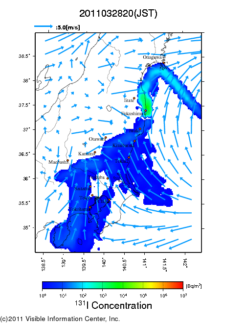 地表付近 大気中濃度分布[Bq/m3]　2011-03-28 20時