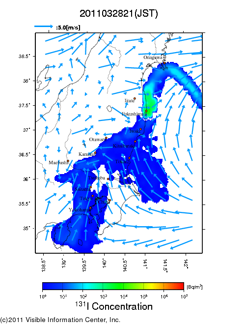 地表付近 大気中濃度分布[Bq/m3]　2011-03-28 21時
