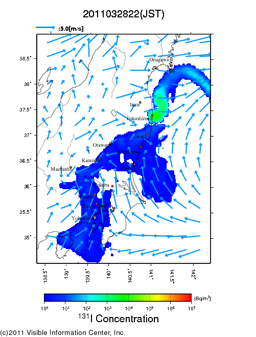 地表付近 大気中濃度分布[Bq/m3]　2011-03-28 22時