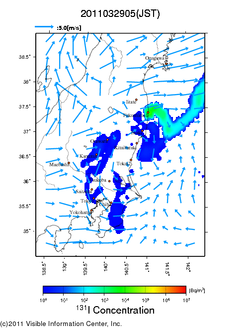 地表付近 大気中濃度分布[Bq/m3]　2011-03-29 05時